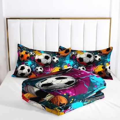 Soccer Comforter Full Size,Sport Kids Comforter Set,3Pcs Bedding Set Printed Comforter with 2 Pillowcases,Down Alternative,Soft and Lightweight,for All Seasons