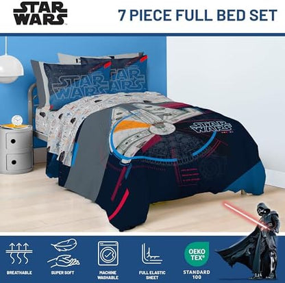 Star Wars Full Comforter Set 7 Piece Soft Bedding for Boys, Dark Blue