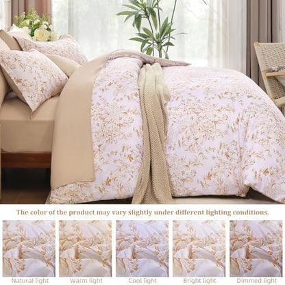 WONGS BEDDING King Size Comforter Set, 8 Pieces Autumn Leaf Floral Bed in a Bag Comforter Sets, Botanical Print Soft Fluffy Microfiber Complete Bedding Sets for All Season (90"x104")