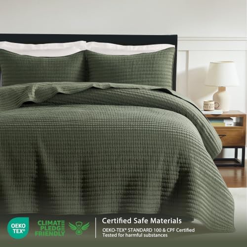WDCOZY Olive Green Queen Size Pick Stitch Quilt Set, 3 Pieces 90x90 inches