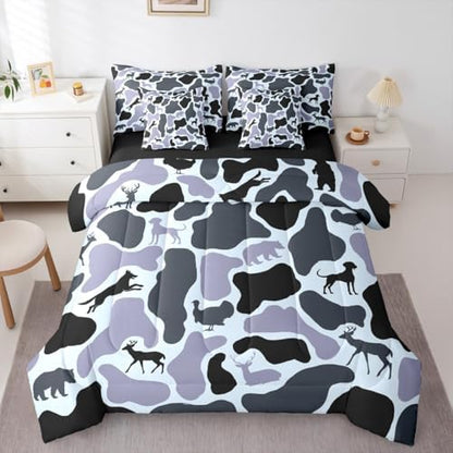 Erosebridal Hound Turkey 7 Piece Bedding Set Full Camo Comforter Set with Sheets Wolf Deer Bear Pattern Retro Bed in a Bag Grey Camouflage Army Woods for Kids Boys Girls