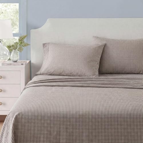 Martha Stewart - Twin Sheet Set with Fitted Sheet & Pillowcase, Cotton Percale Bedding with a Smooth Feel, Deep Pocket, Gingham Brown