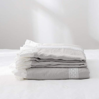 Simple&Opulence 100% Linen Duvet Cover Set (104"x92") Floral Flax King Size, Shabby Chic Ruffle Edge Lace Insert Decoration, 3 Pcs Farmhouse Bedding-1 Comforter Cover 2 Pillow Shams, Floral Grey