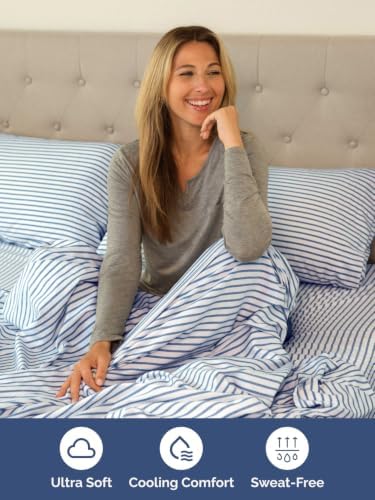 Extra Deep Pocket Twin XL Sheet Set - Breathable & Cooling - Blue Stripes