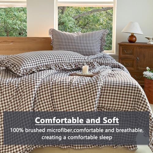 NSNLGSGC Mocha Gingham Ruffle Queen Duvet Cover