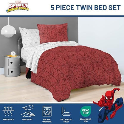 Marvel Spiderman Twin Comforter Set 5 Piece Bedding for Boys, Red
