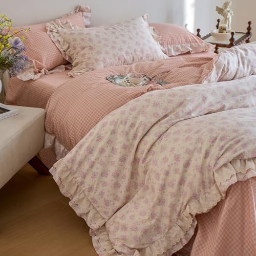 Pink Floral Duvet Cover Set Twin, Romantic Ruffle Lace Botanical Floral Bedding Set, 100% Cotton Girls Cottagecore Flower Duvet Cover, Reversible Grid Botanical Comforter Cover with 2 Pillowcases
