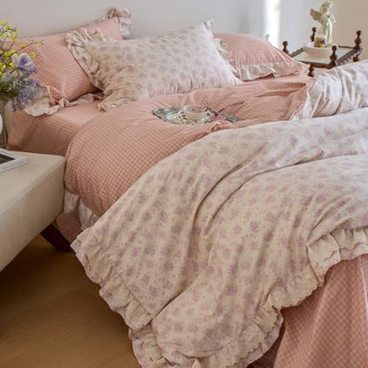 Pink Floral Duvet Cover Set Twin, Romantic Ruffle Lace Botanical Floral Bedding Set, 100% Cotton Girls Cottagecore Flower Duvet Cover, Reversible Grid Botanical Comforter Cover with 2 Pillowcases