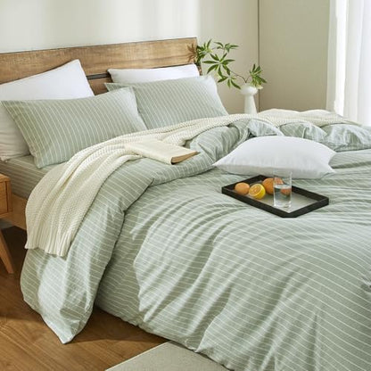 Striped Duvet Cover Set 100% Washed Cotton Linen Feel Queen