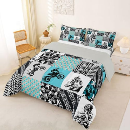 Feelyou Dirt Bike Comforter Set King Size Motocross Bedding Set for Kids Boys Girls Extreme Sports Duvet Quilt Grunge Rider Bedroom Decor Tire Track Microfiber 3 Pcs with 2 Pillow Cases