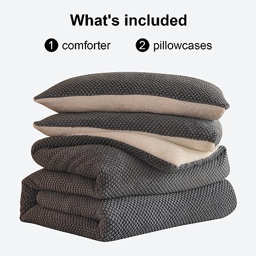 LLanCL 3D Jacquard Design Comforter Set, Ultra-Soft Warm King Size Sherpa Fur Plush 3-Pieces Sets Luxury Cozy Bedding with 2 Pillowcases (104"x90", Grey)
