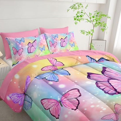 7Pcs Comforter Set Rainbow Butterfly Printed Bedding Set with 1 Comforter, 1 Flat Sheet, 1 Fitted Sheet and 4 Pillowcases for Boys and Girls Bedroom All Season(Twin)