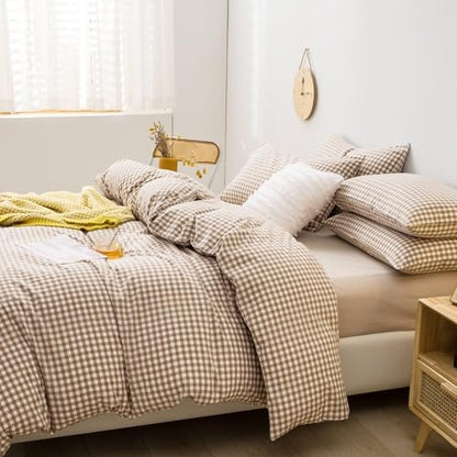 mixinni Tan Gingham Comforter Set California King, Plaid Comforter Set 3 Pieces 1 Beige Grid Comfoter with 2 Pillow Cases for All Seasons, Soft Fluffy Modern Grid Pattern Printed Bedding