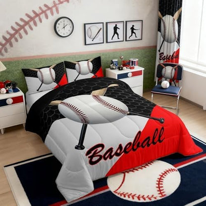 Castle Fairy Teens 3D Baseball Comforter Set Full Size,Ball Sports Game Lovers Bedding Set for Kids Boys Adult Bedroom Decoration,Geometric Bed Duvet Insert,Black Gray Red Comforter with 2 Pillowcase