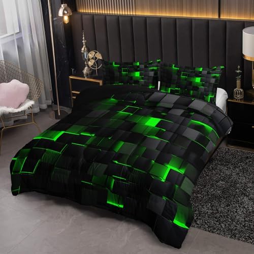 Nttopship Neon Green Black Comforter Set Full Geometric Kids Bedding Set,3 PCS Geometry Honeycomb Bed Set Modern Quilt Set 1 Comforter 2 Pillow Cases Cool Room Decor All Season B-Side Black