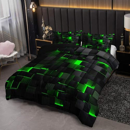 Nttopship Neon Green Black Comforter Set Twin Geometric Kids Bedding Set,3 PCS Geometry Honeycomb Bed Set Modern Quilt Set 1 Comforter 2 Pillow Cases Cool Room Decor All Season B-Side Black