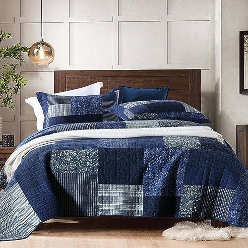 Yvooxny Quilts Queen Size Reversible Lightweight Bedspread 3-Piece Quilt Set Plaid Floral Patchwork 100% Cotton Queen Quilt Set Bedding Set with Pillow Shams for All Seasons, Azure Blue, 90x98''