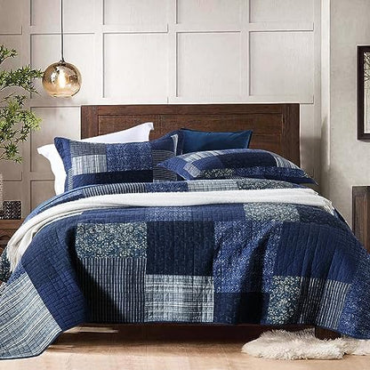 Yvooxny Quilts Queen Size Reversible Lightweight Bedspread 3-Piece Quilt Set Plaid Floral Patchwork 100% Cotton Queen Quilt Set Bedding Set with Pillow Shams for All Seasons, Azure Blue, 90x98''