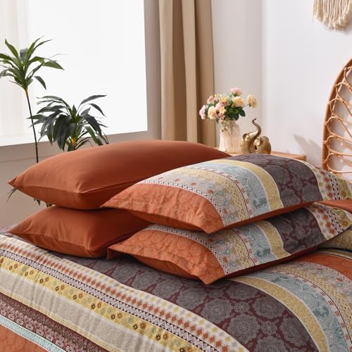 Cottolester Boho Full Comforter Set,Red and Orange Striped Bed in a Bag