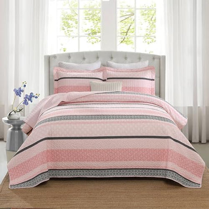 Homzard Quilts Queen Size, Cotton Comforter Set, Light Pink and Grey Queen Bed Set, Lightweight Striped Bedding, Farmhouse Bedspread All Season 3 Pieces
