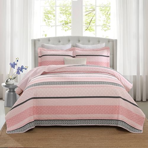 Homzard King Size Comforter Set 100% Cotton Quilt Pink Striped Bedspread