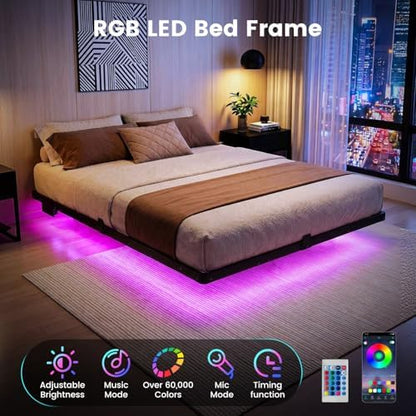 Liians Queen Floating Bed Frame with Smart LED Lights, USB Charging Station