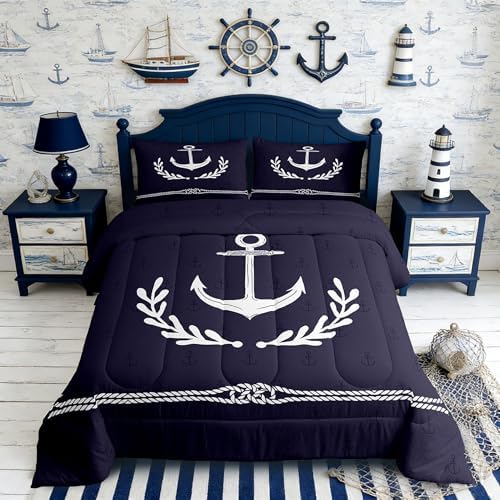 Castle Fairy Anchor Comforter Set Twin Size,White Geometric Abstract Rope Palm Leaf Bedding Set 2pcs for Kids Boys Teens Room Decor,Nautical Adventure Quilt Set Navy Blue Duvet Insert,1 Pillowcase
