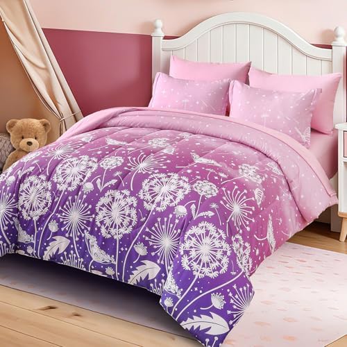 Dinjoy Girls Comforter Set 7 Pieces, Queen Size Colorful Ombre Rainbow Bedding Set, Bed in A Bag for Kid Teen Girls (1 Comforter, 1 Flat Sheet, 1 Fitted Sheet, 2 Pillow Shams, 2 Pillowcases)