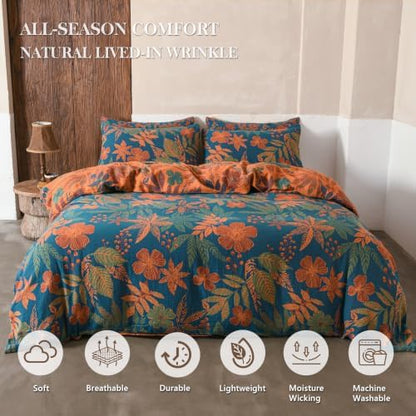 Simple&Opulence Muslin Duvet Cover Set Queen Size, 100% Washed Cotton 3 Pieces Yarn-Dyed Vintage Blue Floral Leaves Jacquard Textured Bedding, Soft Breathable Gauze Comforter Cover with Zipper Closure