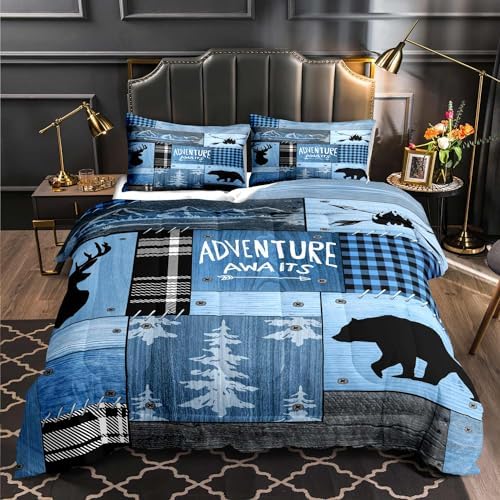 LUVIVIHOME 3PCS Rustic Cabin Comforter Set Full Size, Farmhouse Bedding, Black Bear Deer Elk Moose Forest Animal Wildlife Hunting Country Brown Patchwork White Blue Plaid Lodge Quilt, 2 Pillow Cases