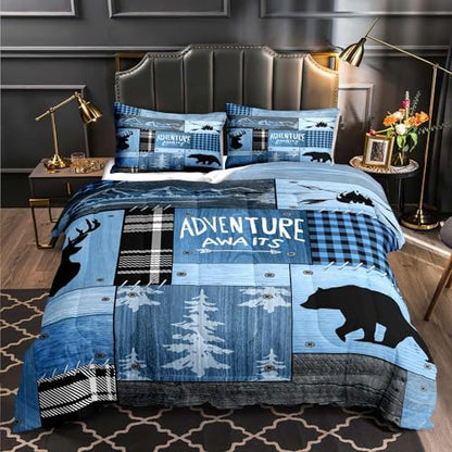 LUVIVIHOME 3PCS Rustic Cabin Comforter Set Full Size, Farmhouse Bedding, Black Bear Deer Elk Moose Forest Animal Wildlife Hunting Country Brown Patchwork White Blue Plaid Lodge Quilt, 2 Pillow Cases
