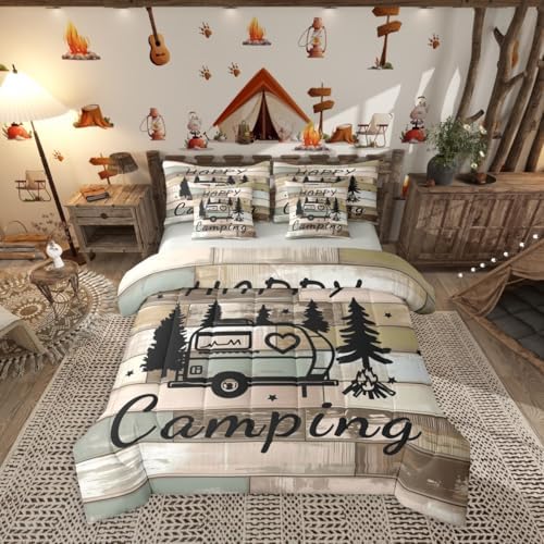 Erosebridal Camping 7 Pieces Bedding Set Queen Size,Wooden Plank Travel RV Bed in a Bag,Camping Lovers Bed Set Includes Comforter,Sheet Set,Pillowcases & Pillow Covers,Vintage Retro Bedroom Decor