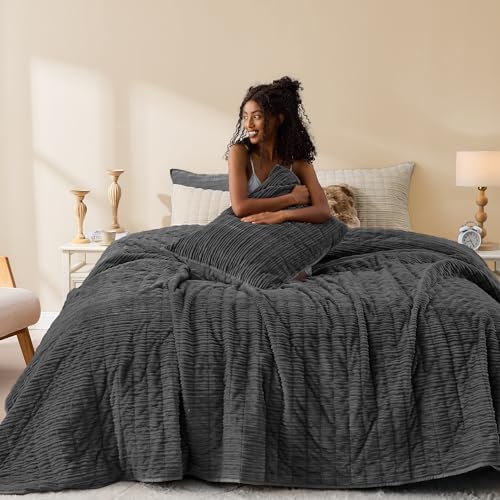 Wonderful Corduroy Texture Black Grey Quilt Set Queen - Hypoallergenic Skin-Friendly Soft Plush Velvety Touch Bedspread, Classic Vertical Striped Lightweight Coverlet for All Season, 94"x94"