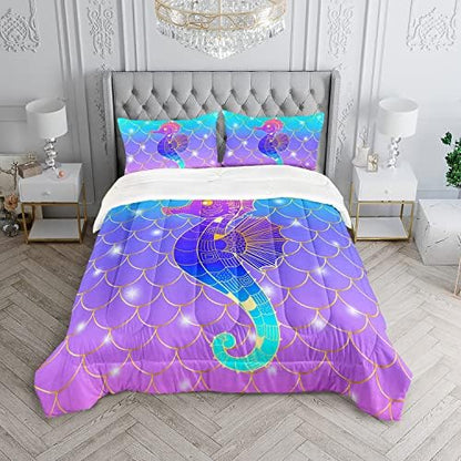 HOSIMA Mermaid Fish Scales Bedding Sets,Seahorse Printed Ocean Animal Rainbow Bedding Glitter Star Themed Comforter Set Queen Size for Girls Kids Room Decor,Bed Set for Girls with 2 Pillowcases.