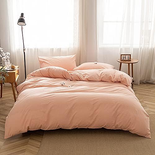 FACE TWO FACE Bedding Duvet Cover Set 3 Pieces 100% Washed Cotton Duvet Cover Linen Like Textured Breathable Durable Soft Comfy (California King, Pink)