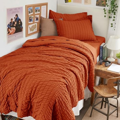 HYMOKEGE Burnt Orange Twin XL Comforter Set Seersucker 5 Pieces, All Season Luxury Bed in a Bag for Bedroom, Bedding Set with Comforter, Sheets, Pillowcase & Sham