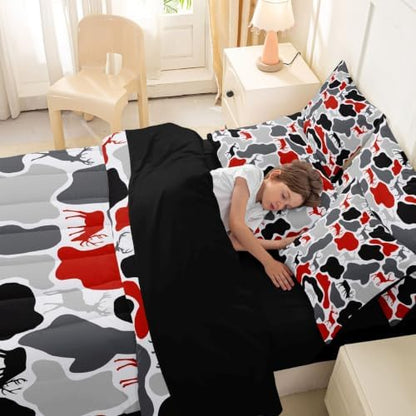 Erosebridal Deer Camouflage Queen Comforter Set with Sheets 7 Piece Hunting Elk Camo Bed in A Bag Red Grey Black Military Bedding Sets for Kids Adults Rustic Cabin Lodge Bed Set