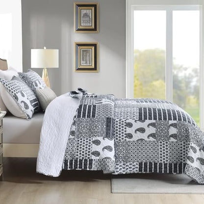 HIARUO Quilt Set Twin Size, 2 Pieces Bedspread Coverlet Plaid Patchwork Quilt Farmhouse Twin Size Comforter Set Lightweight Bedding with 1 Pillow Cover Sham for All Season Gray