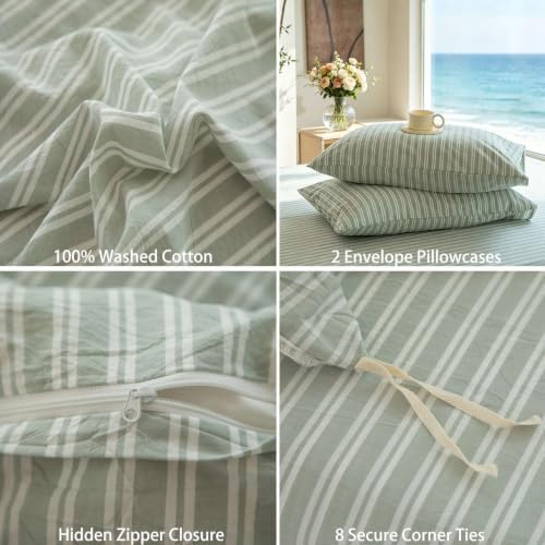 Striped Duvet Cover Set King Size 3 Piece 100% Washed Cotton Linen Like Textured Bedding Comfy Breathable (King, Double Stripe-Sage Green/White)