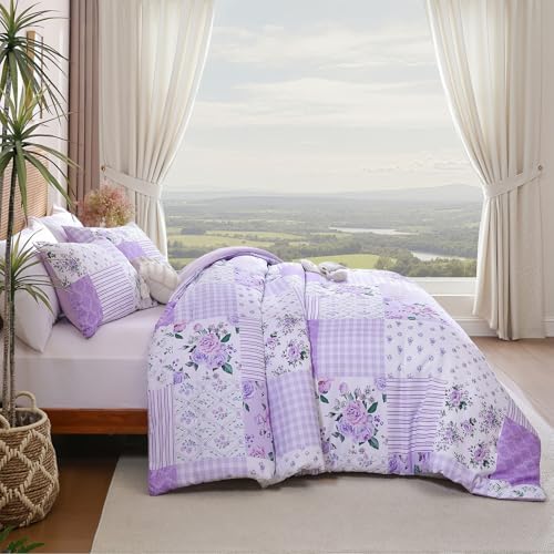 YIKUSH Purple Floral Full Comforter Set, Soft Lightweight All Season Bedding Set for Women Girls, Cozy Cottagecore Botanical Comforter Full Size with 2 Pillow Shams, Breathable Floral Bed Set