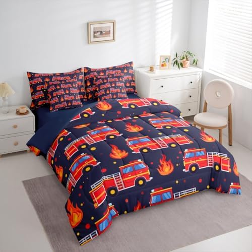 Erosebridal Boys Fire Truck Comforter Set with Sheets King, Cartoon Red Firemen Car Bed in A Bag for Kids Teens Men Room Decor, Dark Blue 7 Pcs Bedding Set, Fire Engine Polka Dots Bed Sets