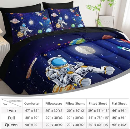 AILONEN Cute Astronaut Comforter Set Twin Size,7-Piece Outer Space Planet Rocket Bed in a Bag,Comforter & Fitted Sheet with Flat Sheet & 2 Pillowcases,2 Pillow Cases for Bedroom,Soft Microfiber