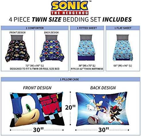 Franco Sonic the Hedgehog Anime Kids Super Soft Comforter and Sheet Set, 4 Piece Twin Size