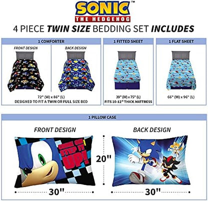 Franco Sonic the Hedgehog Anime Kids Super Soft Comforter and Sheet Set, 4 Piece Twin Size