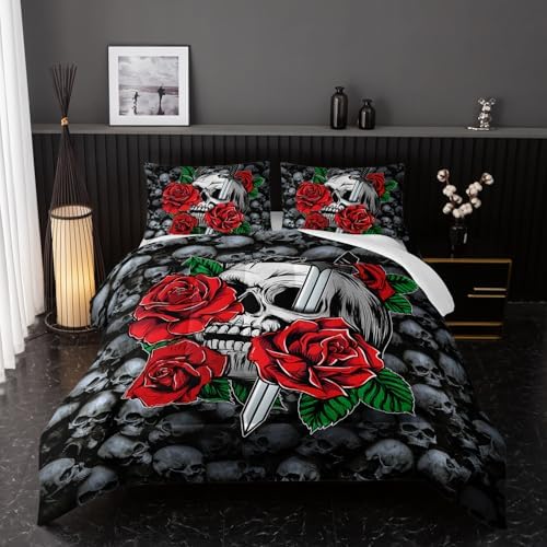 Nttopship Skull Comforter Red Floral Bedding Set,Comforter Set Queen Size,Gothic Skull Print Down Comforter Vintage Flower Rose Comforter Set with Pillowcase, for Bedroom Bed Decor