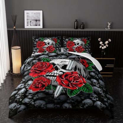 Nttopship Skull Comforter Red Floral Bedding Set,Comforter Set Queen Size,Gothic Skull Print Down Comforter Vintage Flower Rose Comforter Set with Pillowcase, for Bedroom Bed Decor