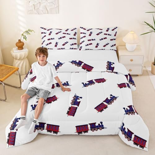 Feelyou Cute Retro Train Comforter Set King Size Vintage Steam Locomotive Down Bedding Set for Kids Boys Girls Transportation Vehicles Duvet Quilt Bedroom Decor Microfiber 3 Pcs with 2 Pillow Cases