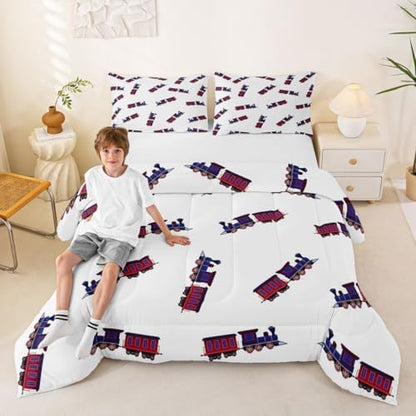 Feelyou Cute Retro Train Comforter Set King Size Vintage Steam Locomotive Down Bedding Set for Kids Boys Girls Transportation Vehicles Duvet Quilt Bedroom Decor Microfiber 3 Pcs with 2 Pillow Cases