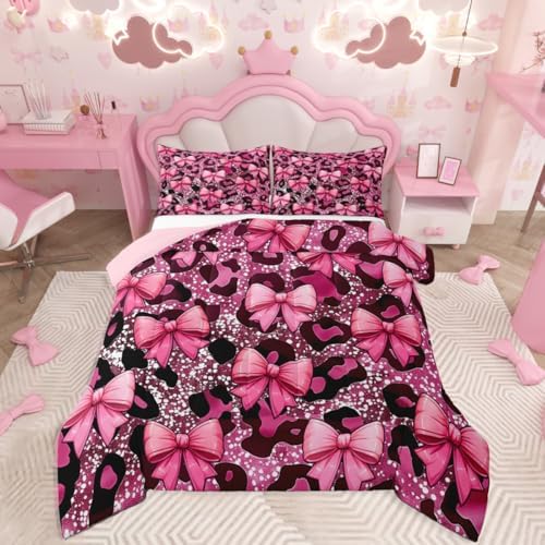 jejeloiu Bowknot Comforter Set Toddler Size Leopard Bedding Set for Kids Boys Girls Bow-tie Duvet Quilt Cheetah Bedroom Decor Microfiber 2 Pcs with 1 Pillow Cases