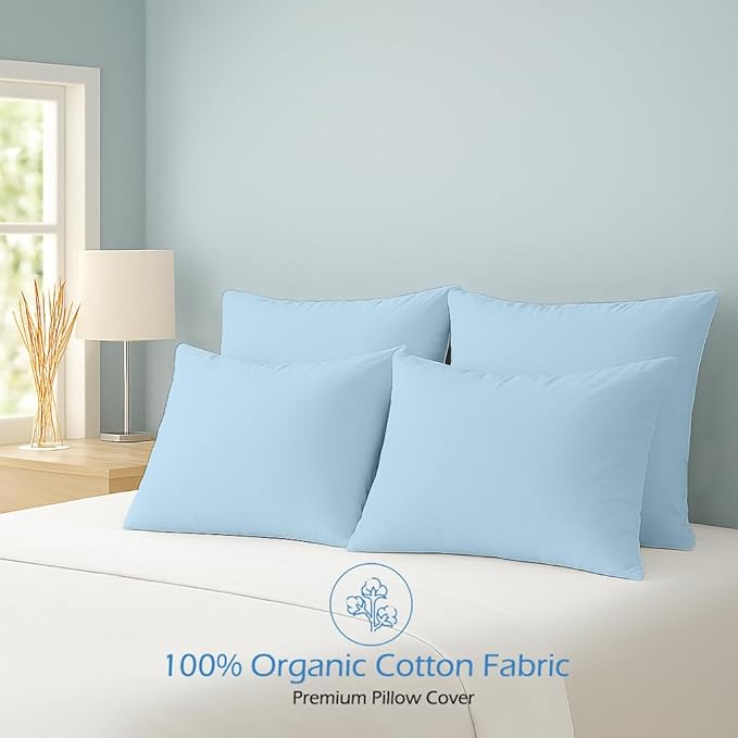 Comfort Beddings King Pillowcases Set of 4 – 100% Organic Cotton, 600 Thread Count Sateen, Soft & Comfy Pillow Covers with Envelope Closure, Light Blue, King Size 20 x 36 Inches
